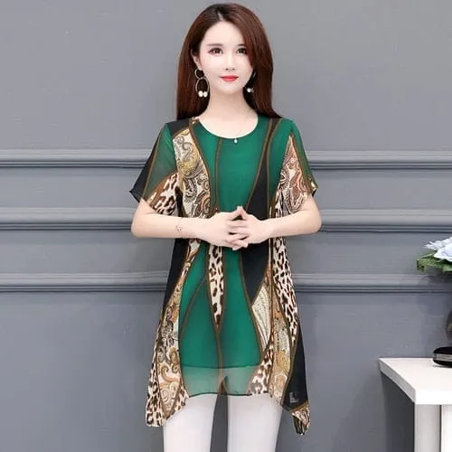 2022 Summer Fashion Women Chiffon Blouses O-neck Tops
