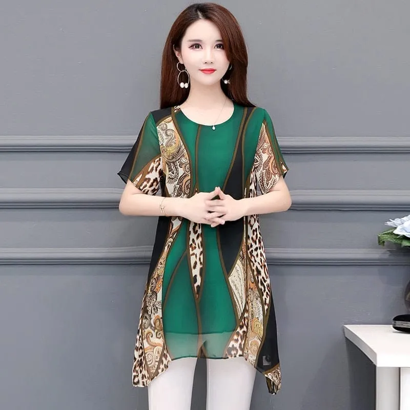 2022 Summer Fashion Women Chiffon Blouses O-neck Tops