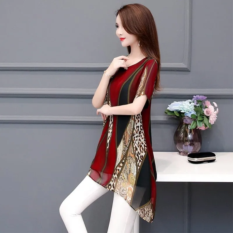 2022 Summer Fashion Women Chiffon Blouses O-neck Tops
