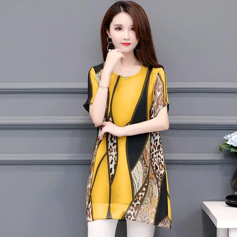 2022 Summer Fashion Women Chiffon Blouses O-neck Tops