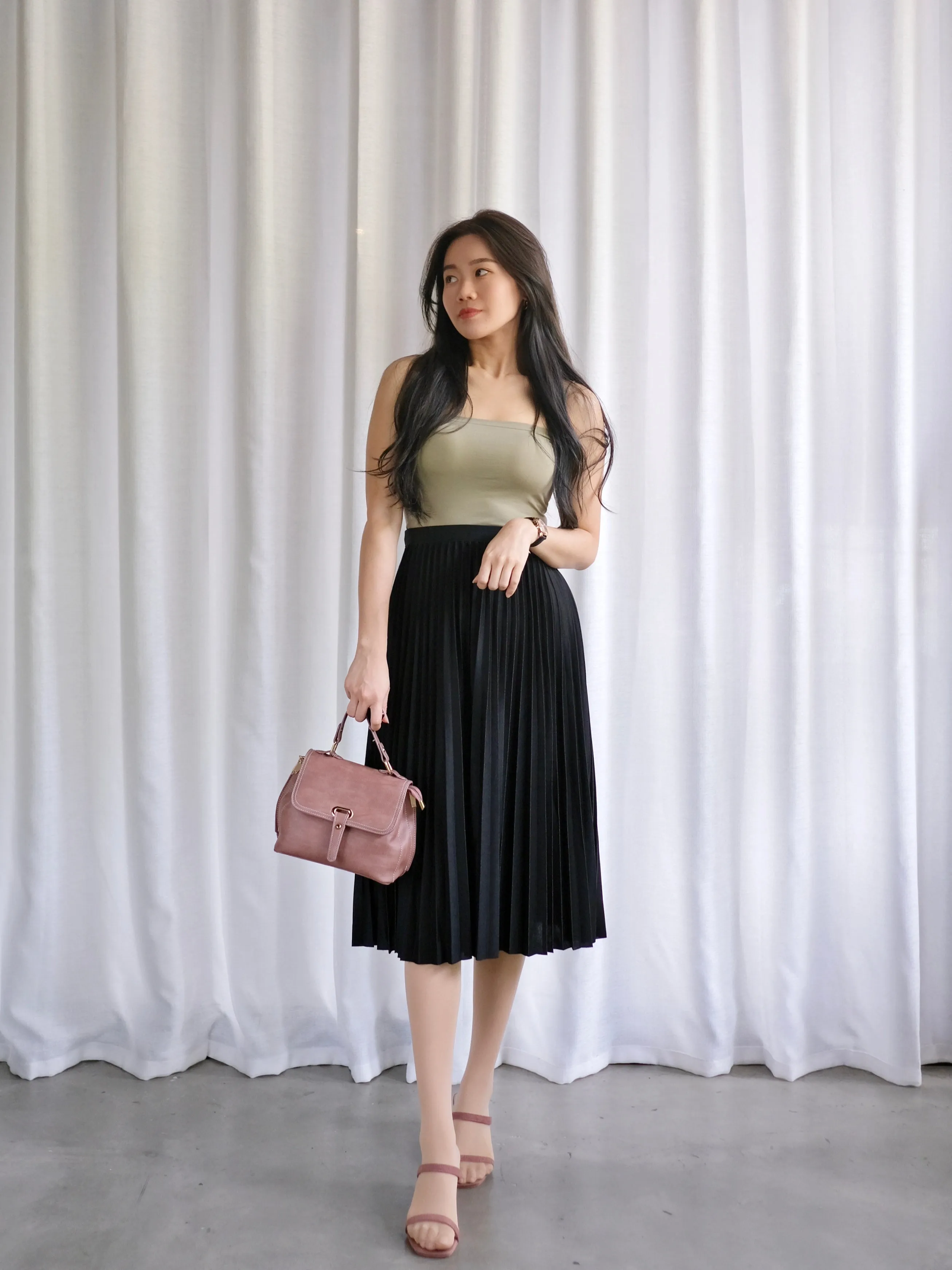 ACEWIN Waist Elastic Pleated Midi Skirt (Free Size) 601285