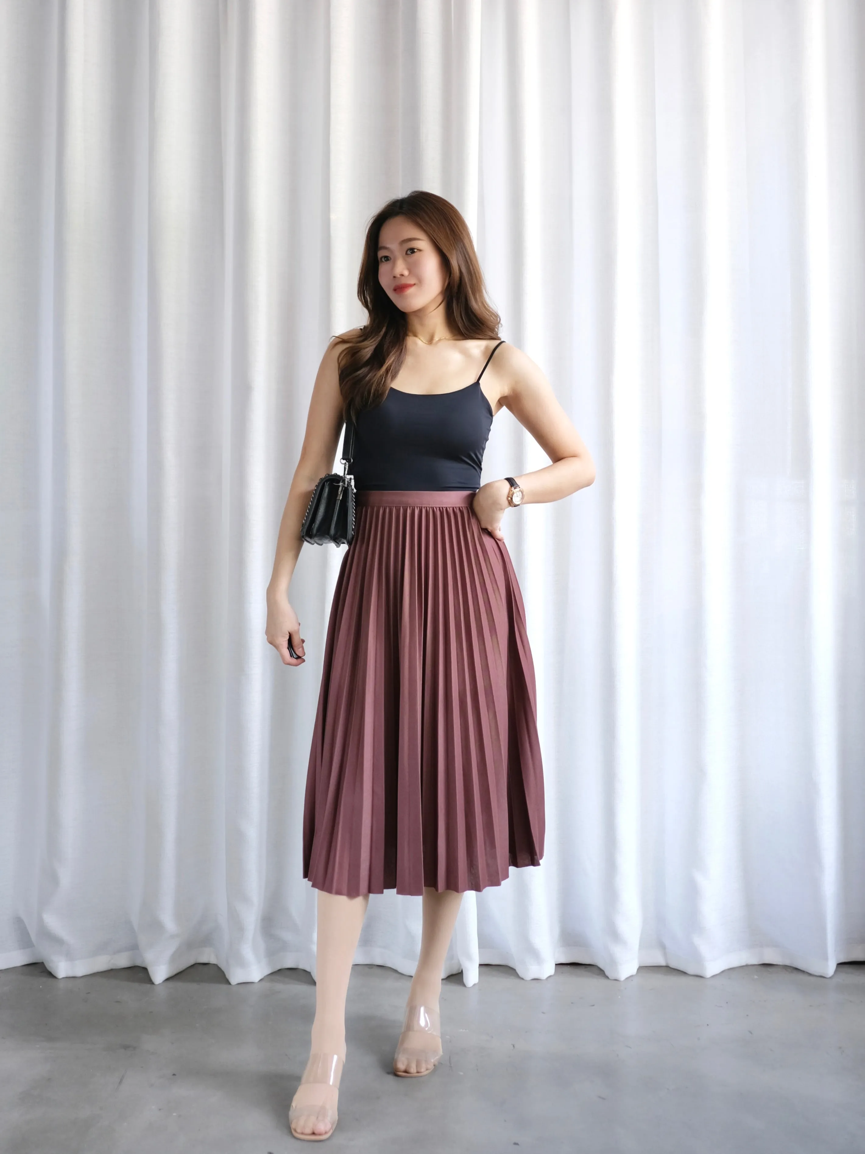 ACEWIN Waist Elastic Pleated Midi Skirt (Free Size) 601285