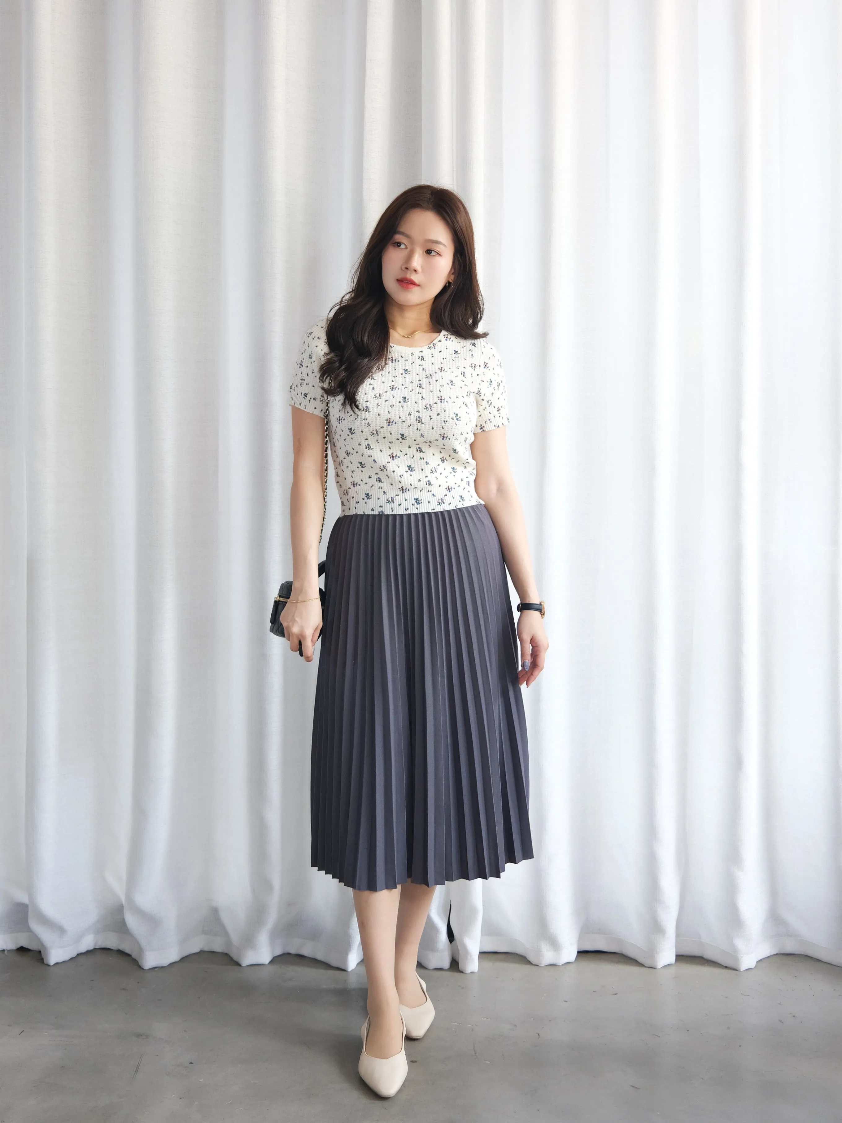 ACEWIN Waist Elastic Pleated Midi Skirt (Free Size) 601285