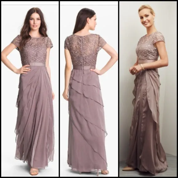 Adrianna Papell Flutter Chiffon Cap Sleeve Gown - Buff