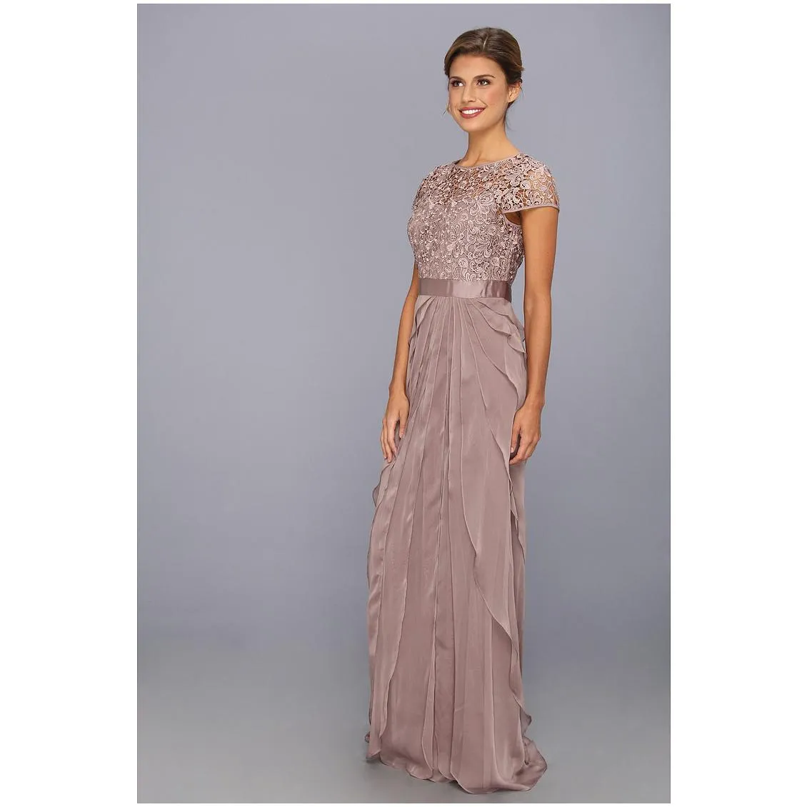 Adrianna Papell Flutter Chiffon Cap Sleeve Gown - Buff