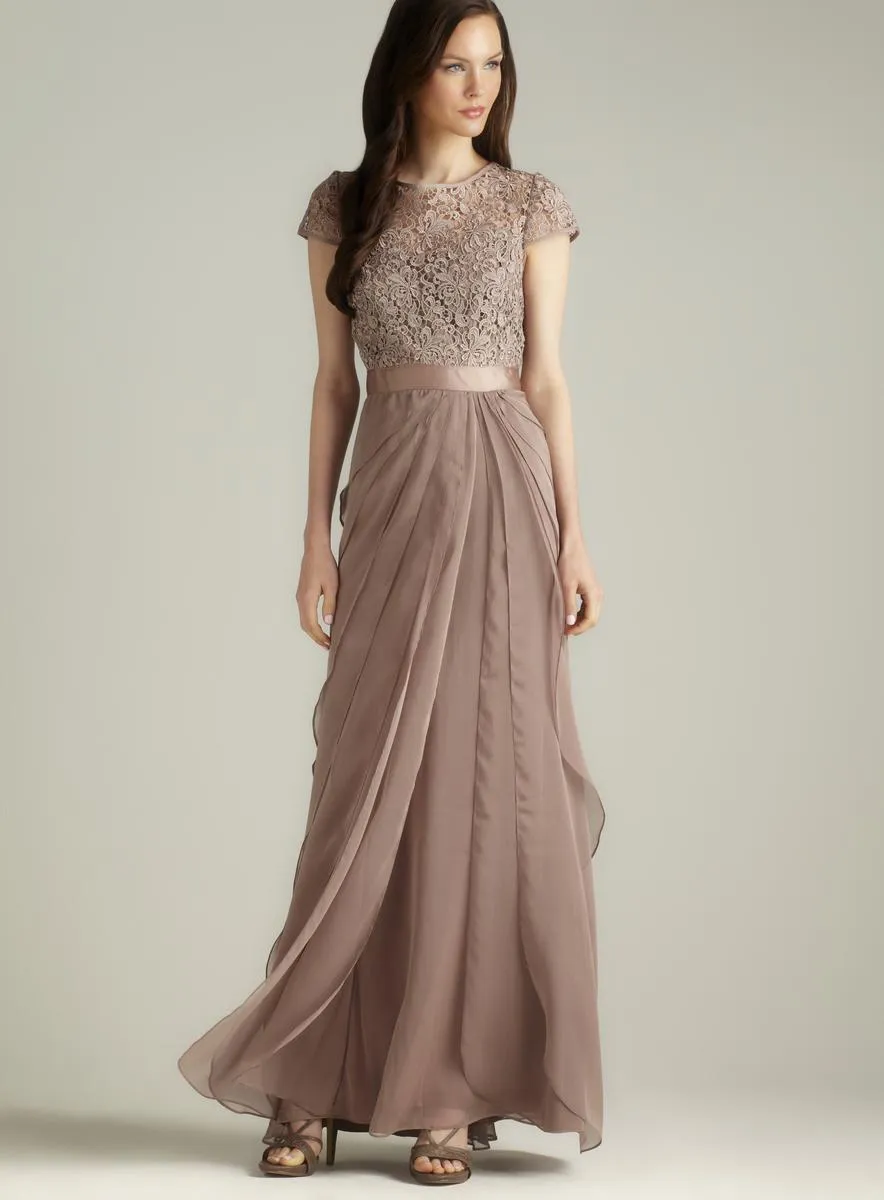Adrianna Papell Flutter Chiffon Cap Sleeve Gown - Buff