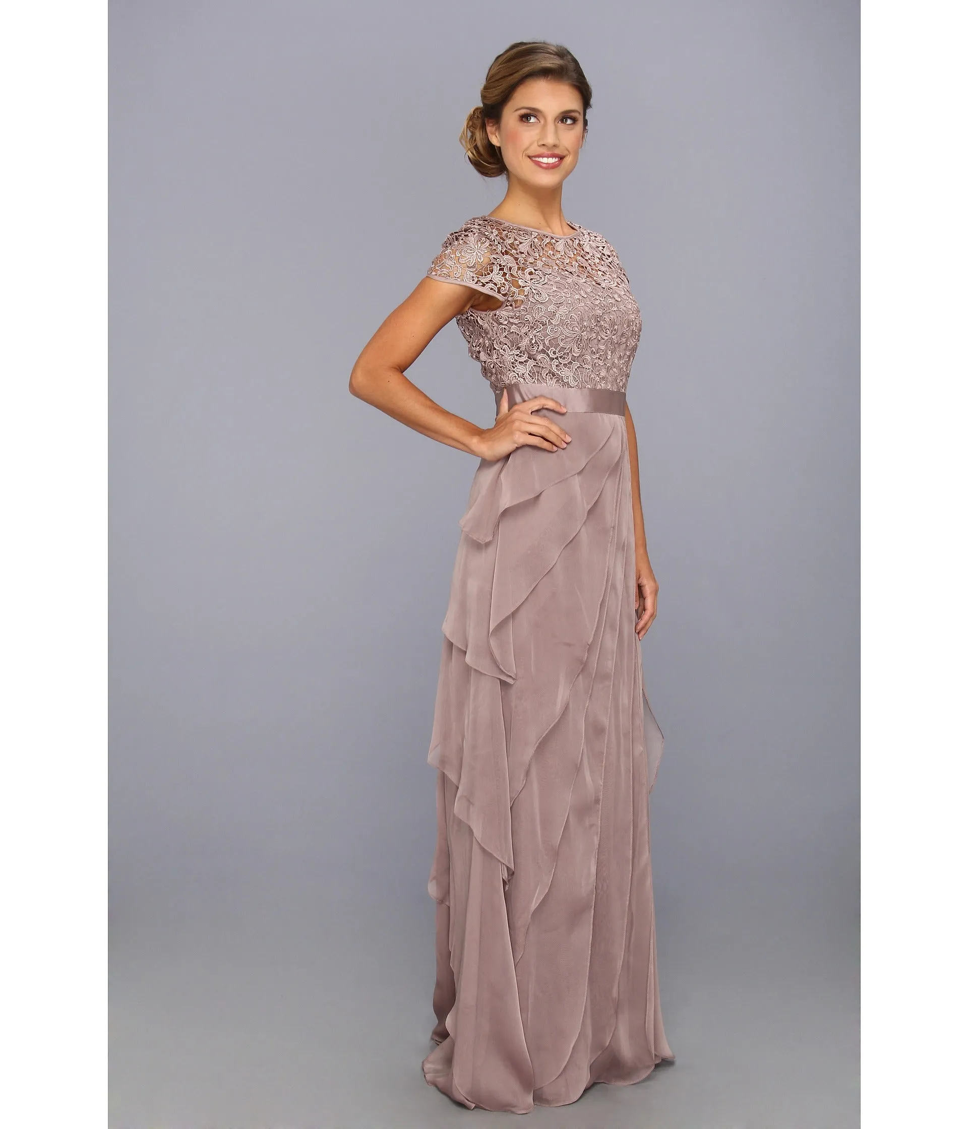 Adrianna Papell Flutter Chiffon Cap Sleeve Gown - Buff