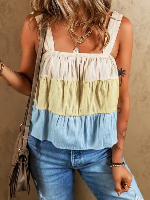 Apricot Stripe Colorblock Tiered Sleeveless Tank Top
