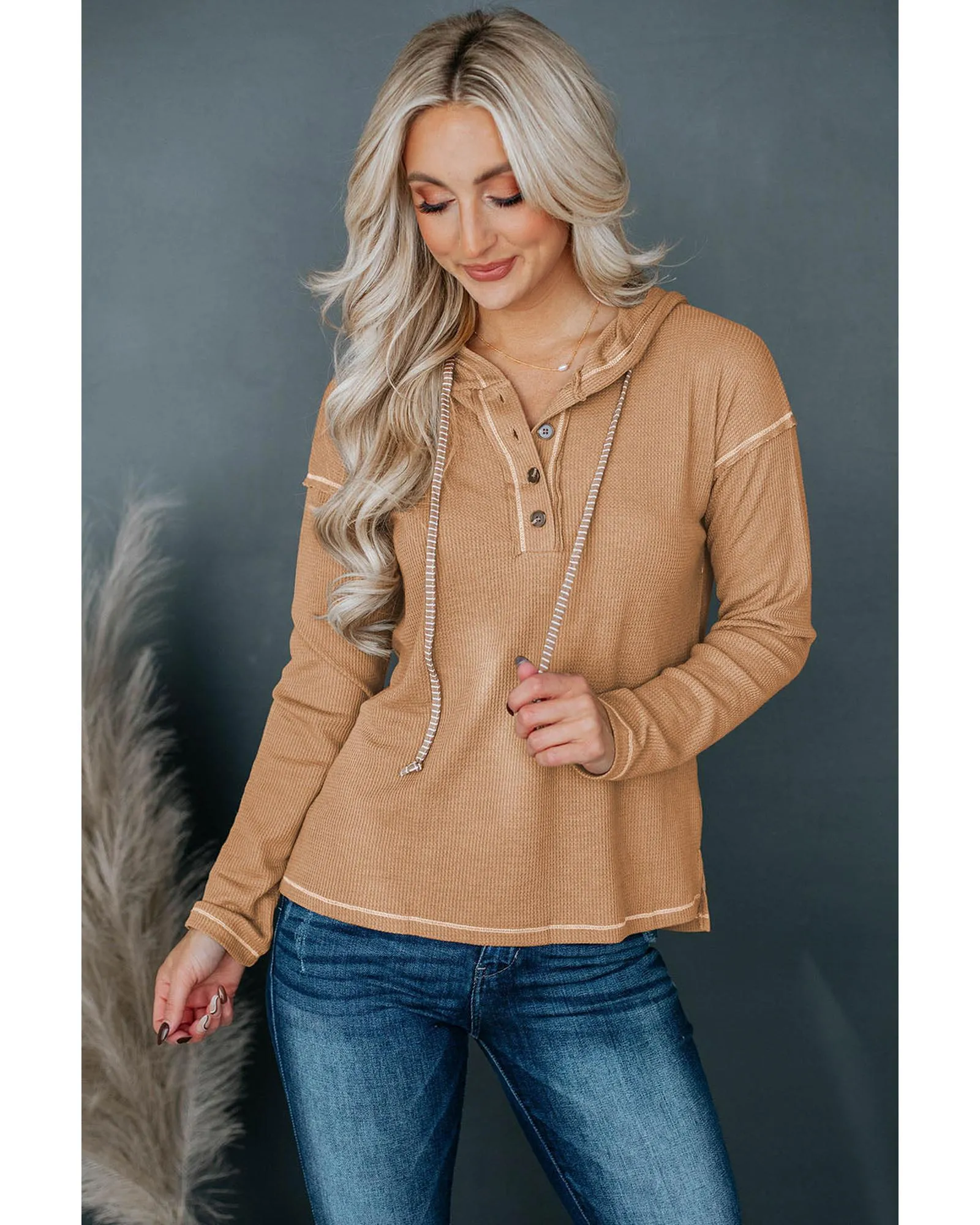 Azura Exchange Khaki Waffle Knit Henley Hooded Top - M