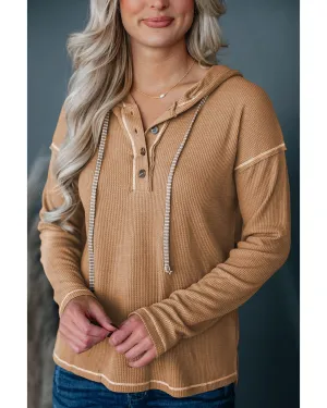 Azura Exchange Khaki Waffle Knit Henley Hooded Top - M