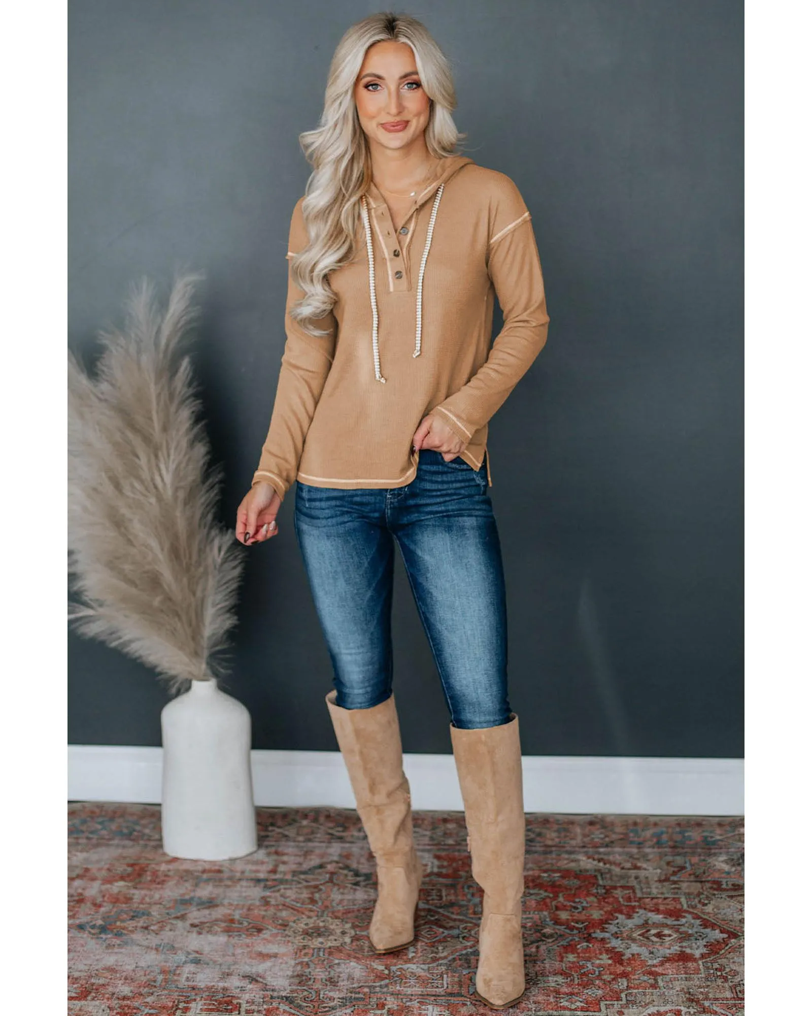 Azura Exchange Khaki Waffle Knit Henley Hooded Top - M