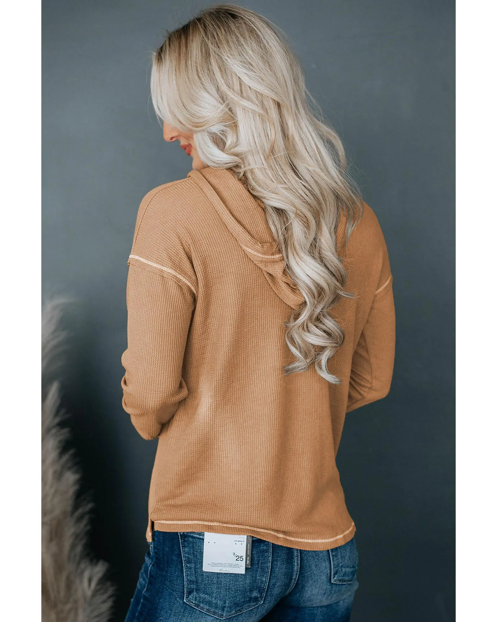 Azura Exchange Khaki Waffle Knit Henley Hooded Top - M