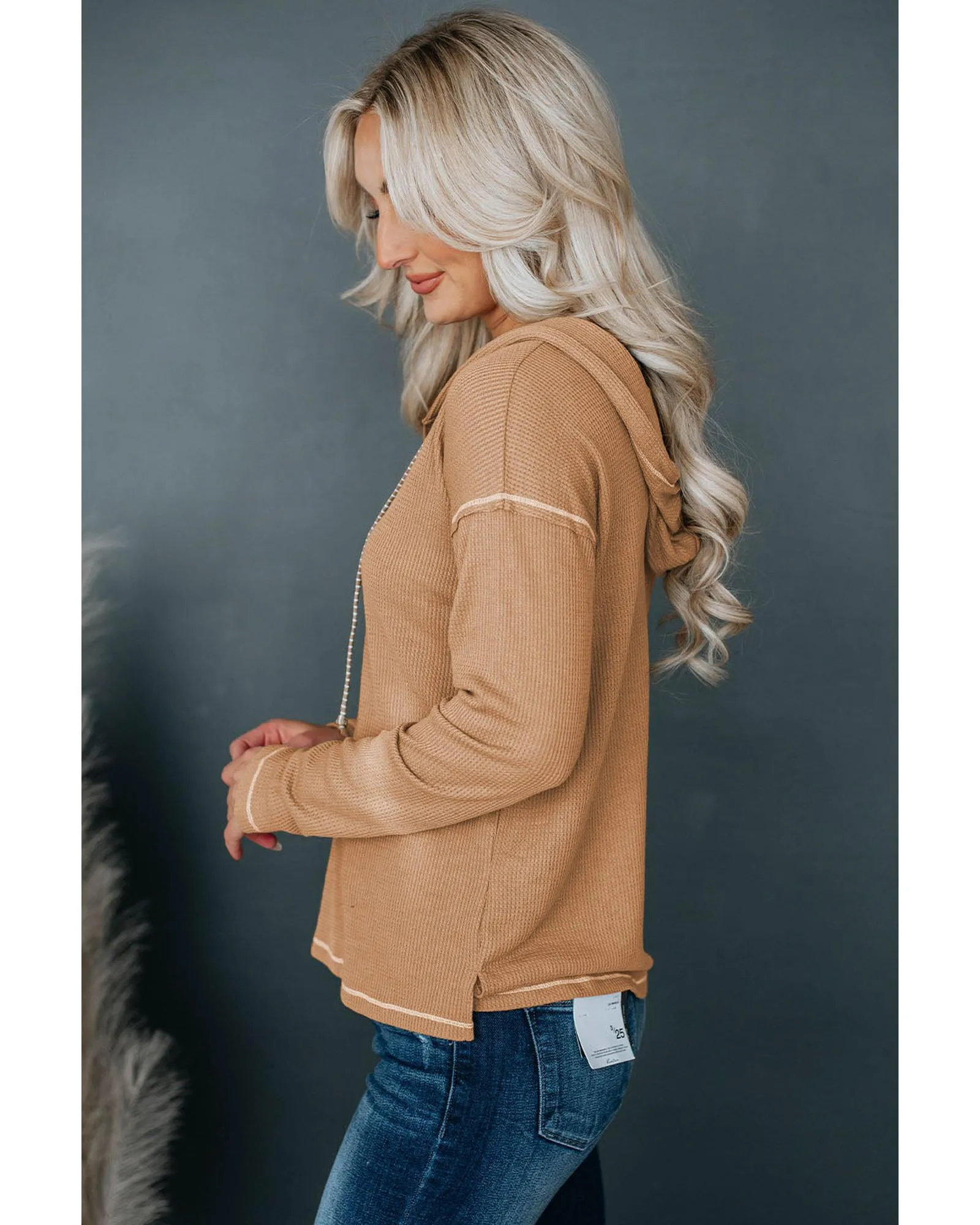 Azura Exchange Khaki Waffle Knit Henley Hooded Top - M