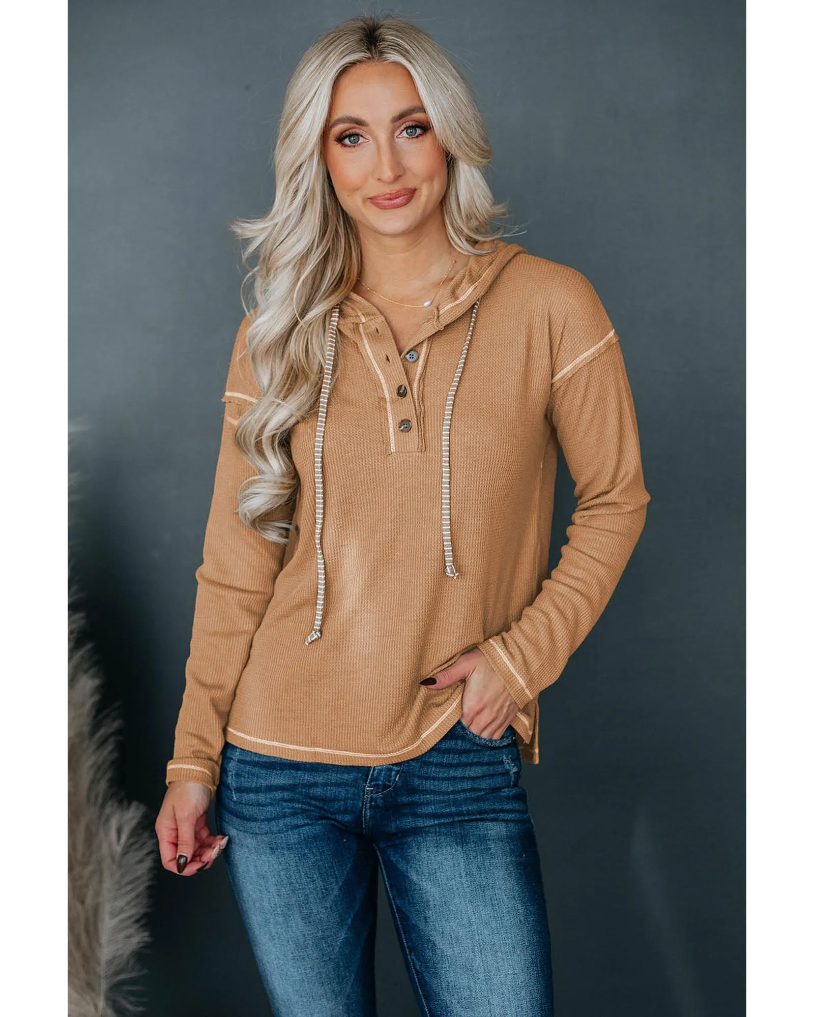 Azura Exchange Khaki Waffle Knit Henley Hooded Top - M