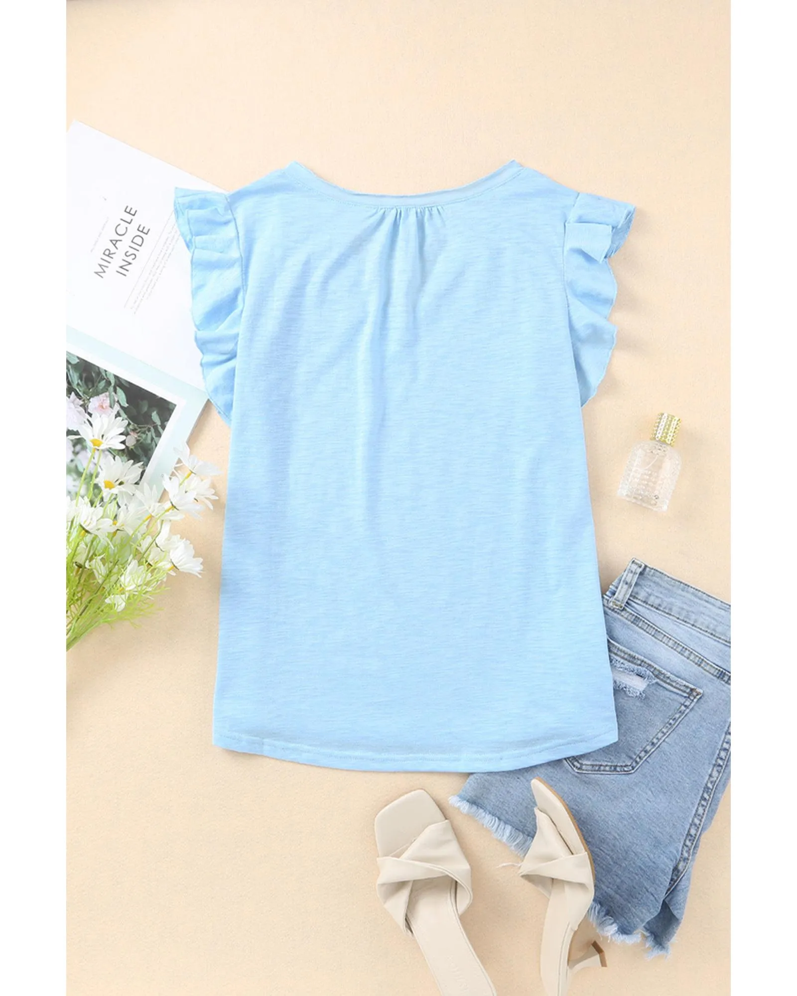 Azura Exchange Solid V Neck Butterfly Sleeve Tee - L