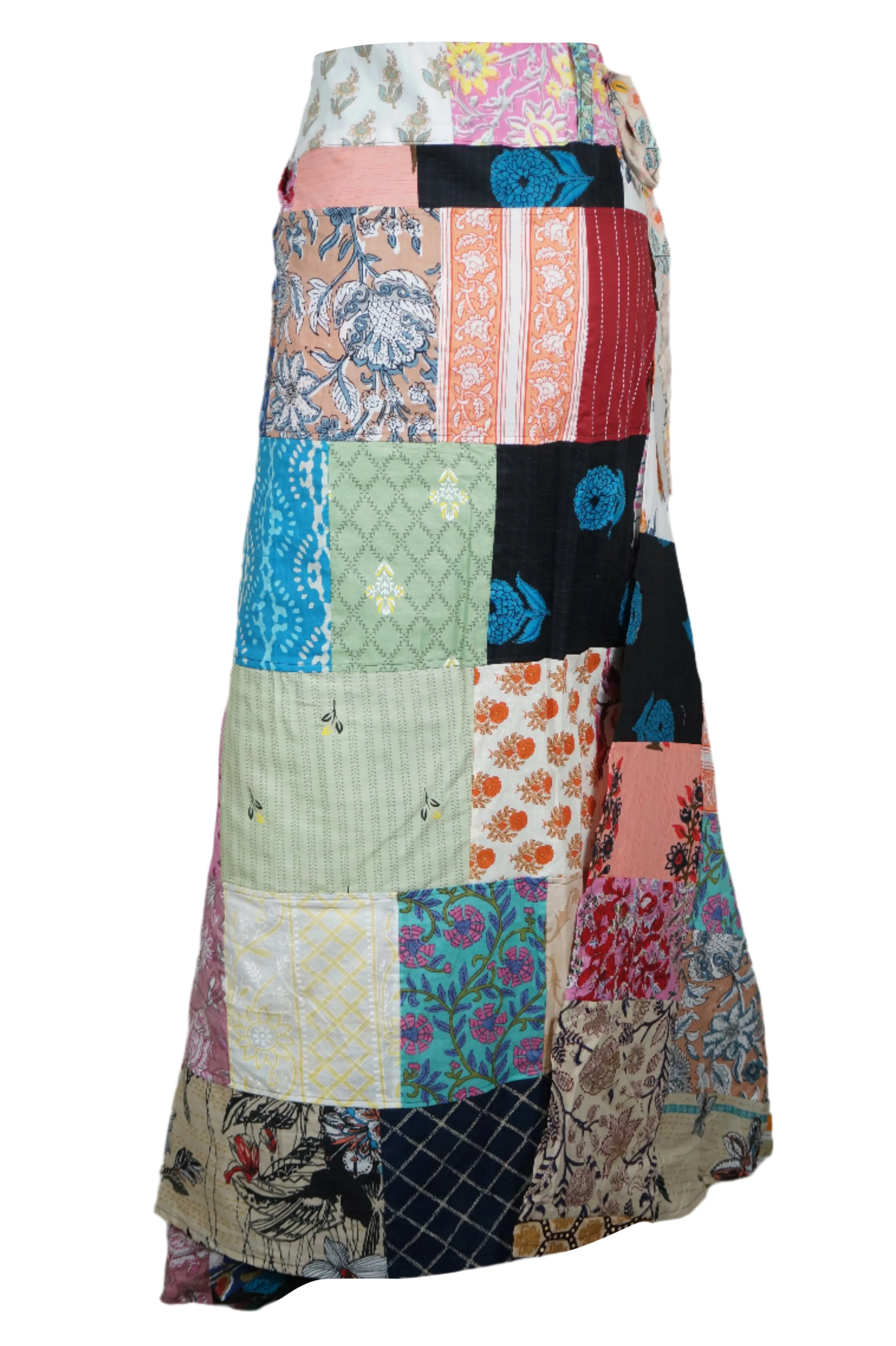 Beige Boho Patchwork Floral Wrap Skirt – Colorful Free-Spirited Beach Vibes