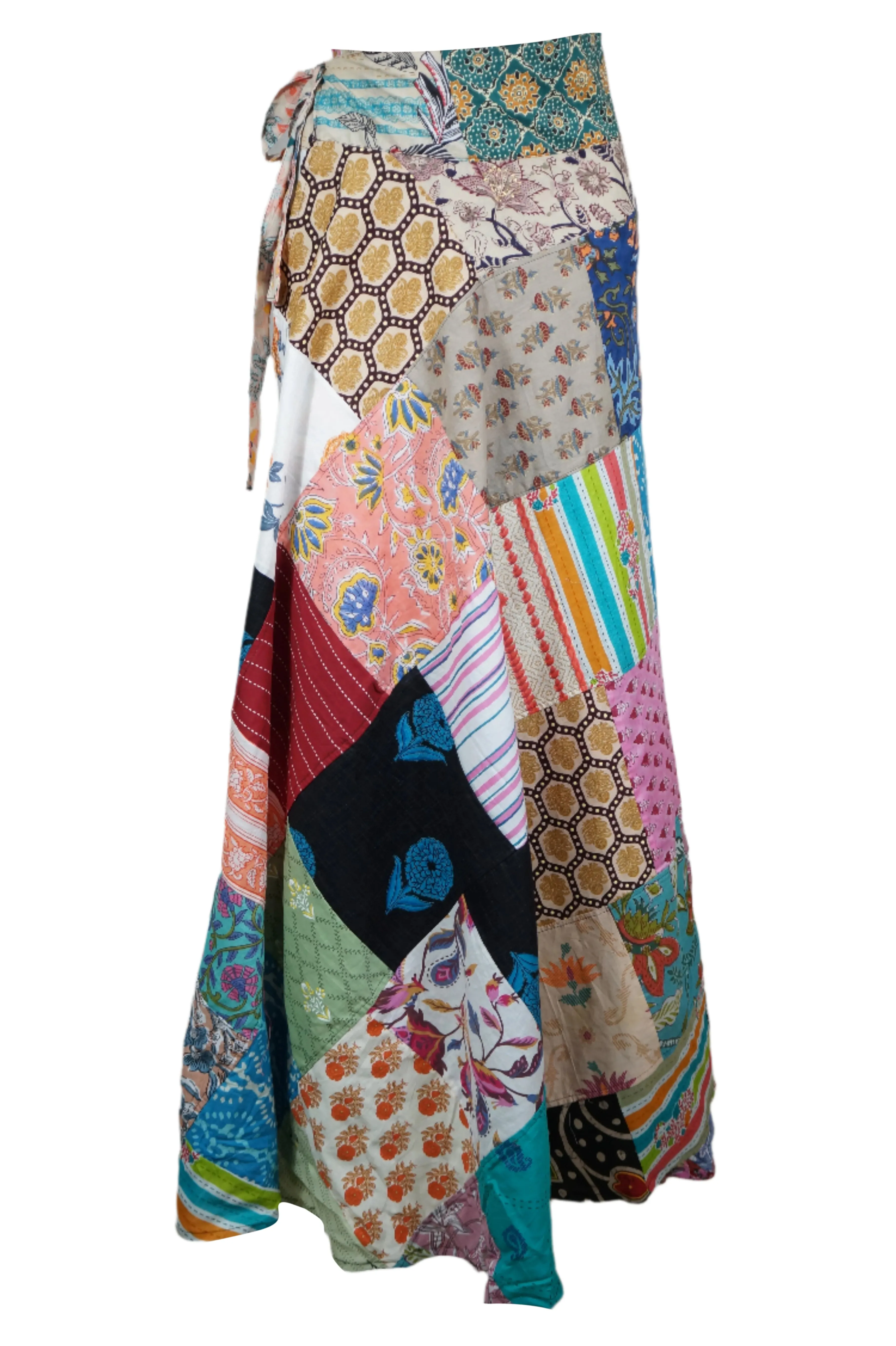 Beige Boho Patchwork Floral Wrap Skirt – Colorful Free-Spirited Beach Vibes