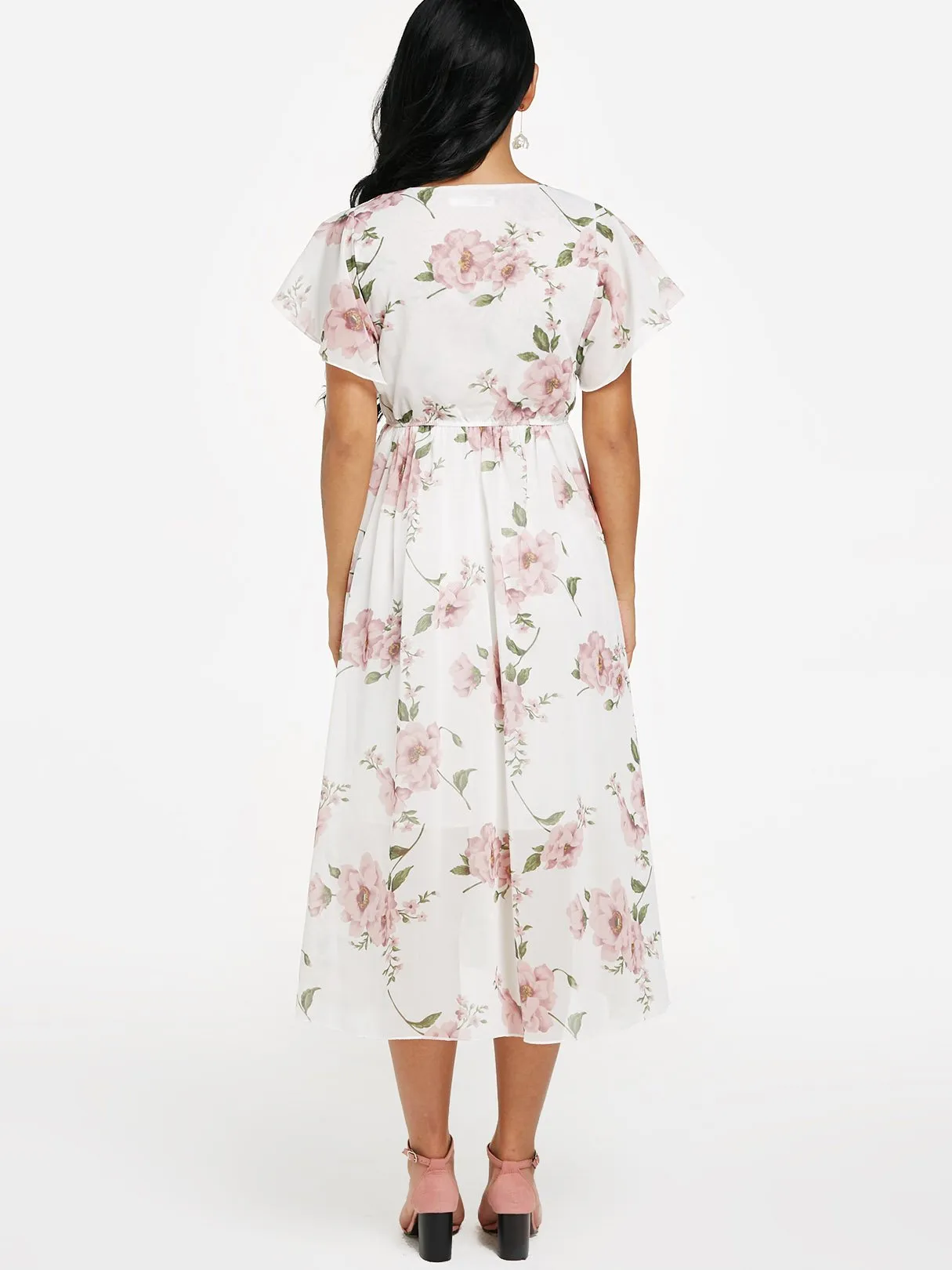 Beige Round Neck Short Sleeve Floral Print Flounced Hem Maxi Dress