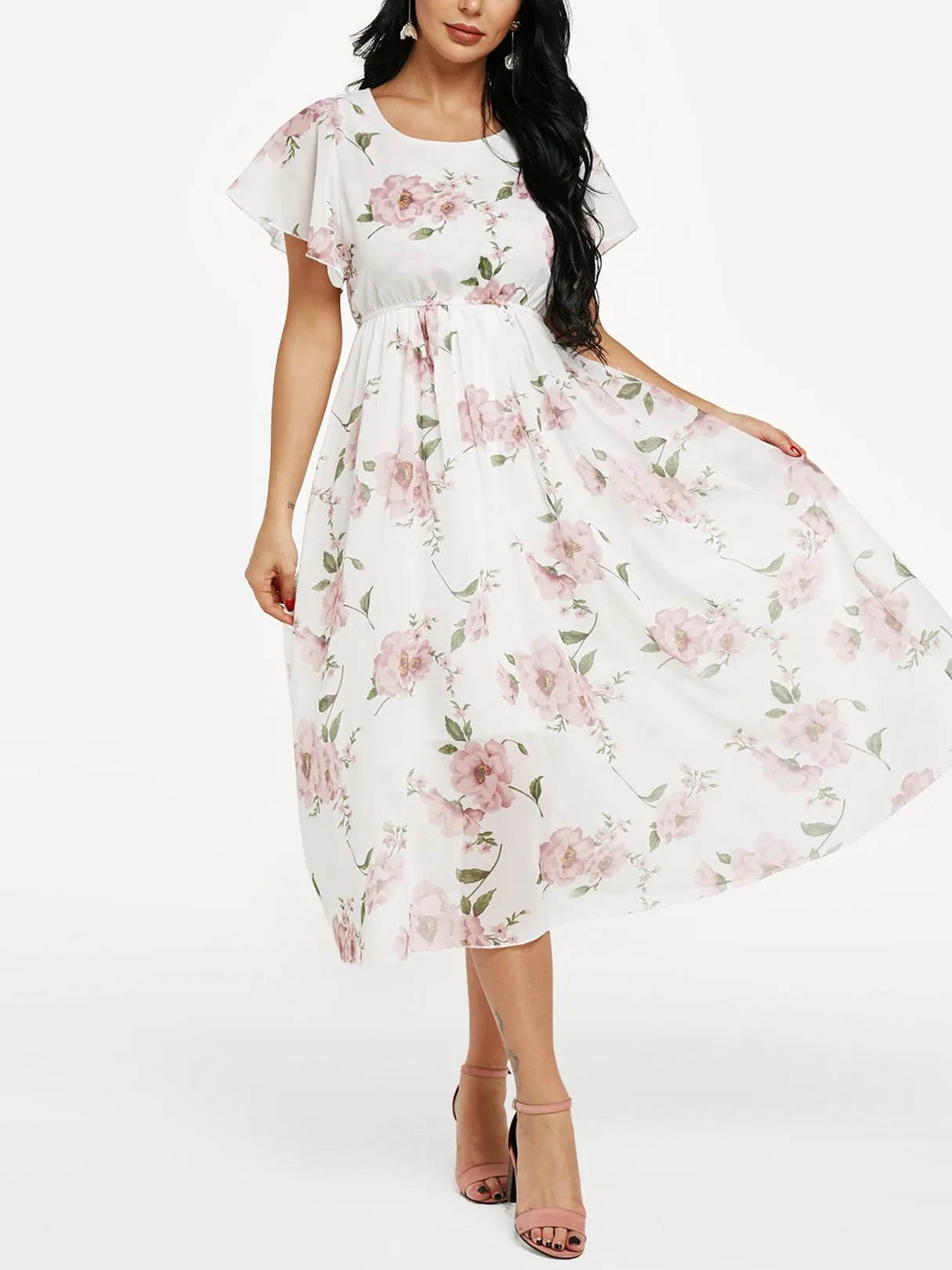 Beige Round Neck Short Sleeve Floral Print Flounced Hem Maxi Dress