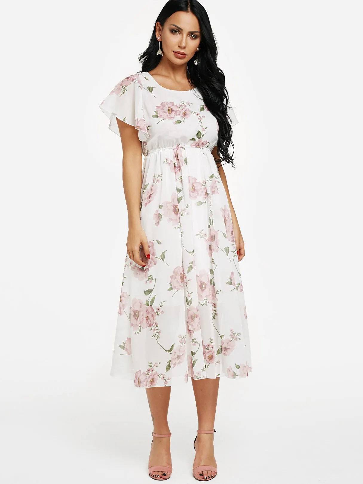 Beige Round Neck Short Sleeve Floral Print Flounced Hem Maxi Dress