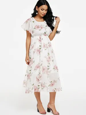 Beige Round Neck Short Sleeve Floral Print Flounced Hem Maxi Dress