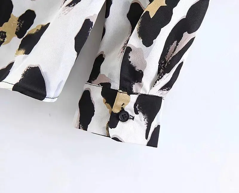 Black & White Leopard Vintage Sexy Women Loose Chiffon Long Sleeve Shirt Blouse