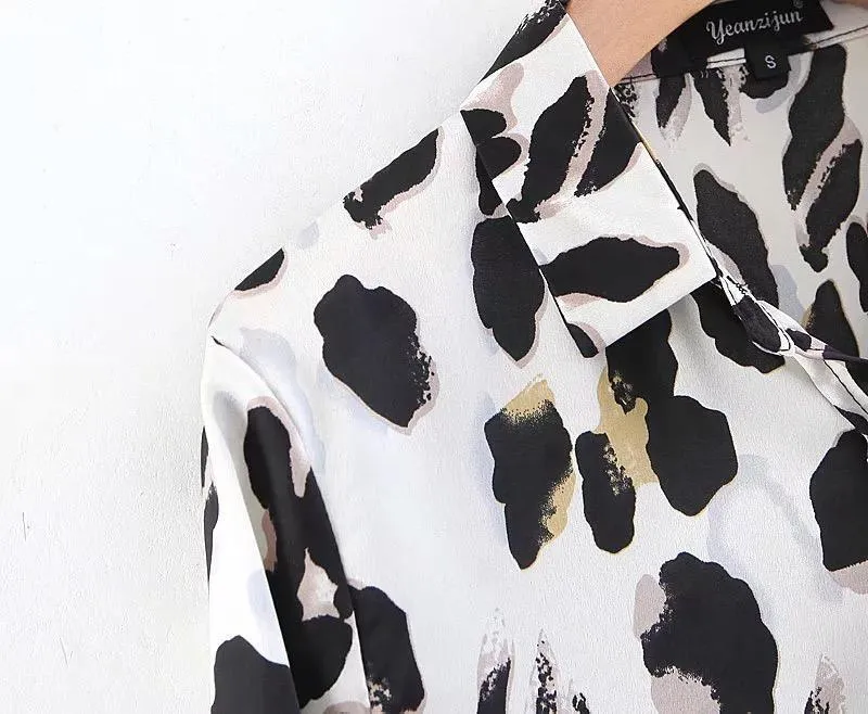 Black & White Leopard Vintage Sexy Women Loose Chiffon Long Sleeve Shirt Blouse