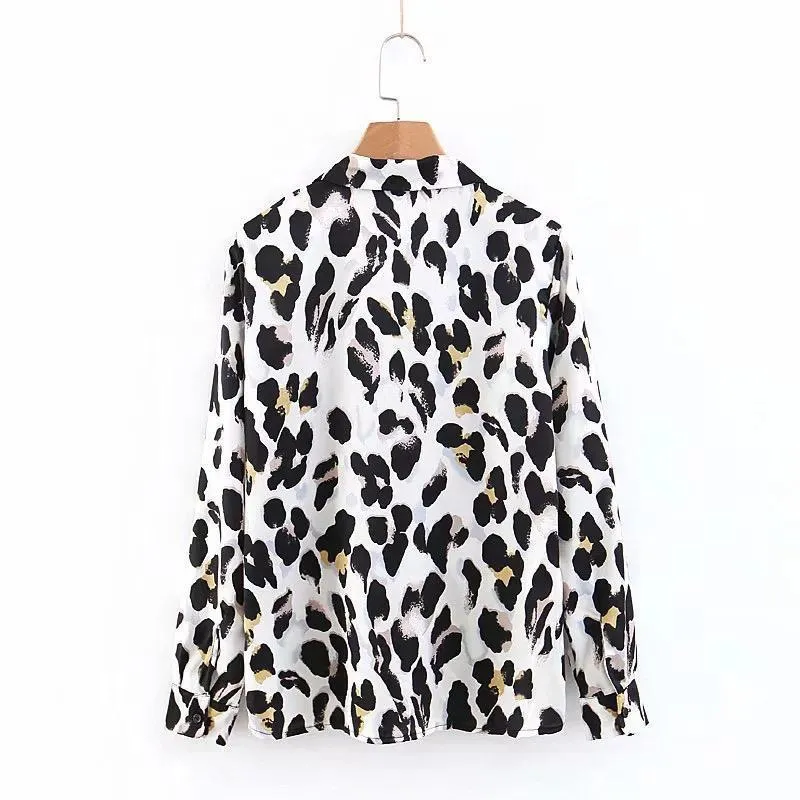 Black & White Leopard Vintage Sexy Women Loose Chiffon Long Sleeve Shirt Blouse