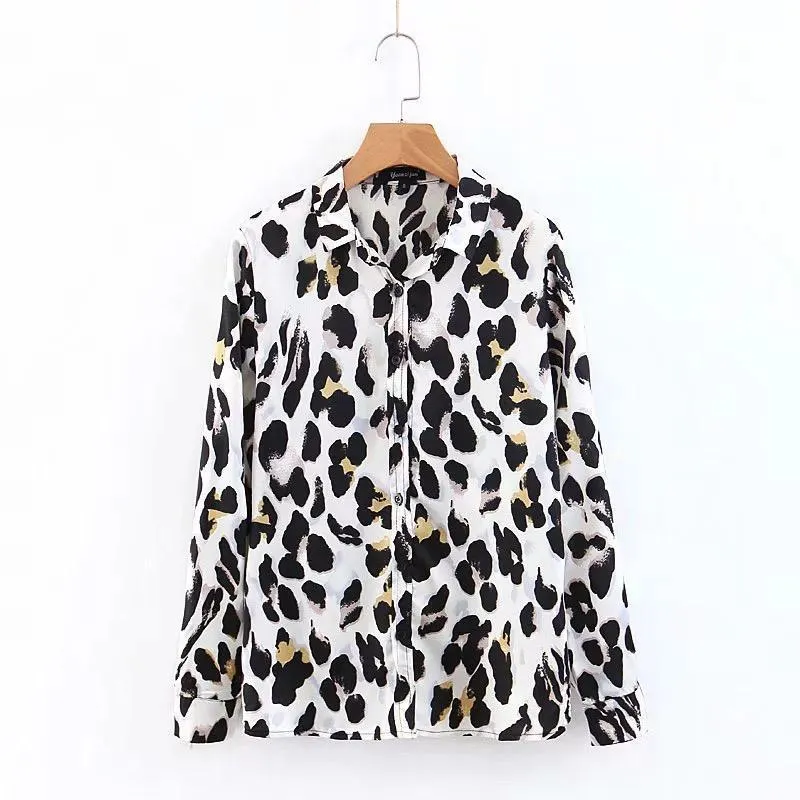 Black & White Leopard Vintage Sexy Women Loose Chiffon Long Sleeve Shirt Blouse