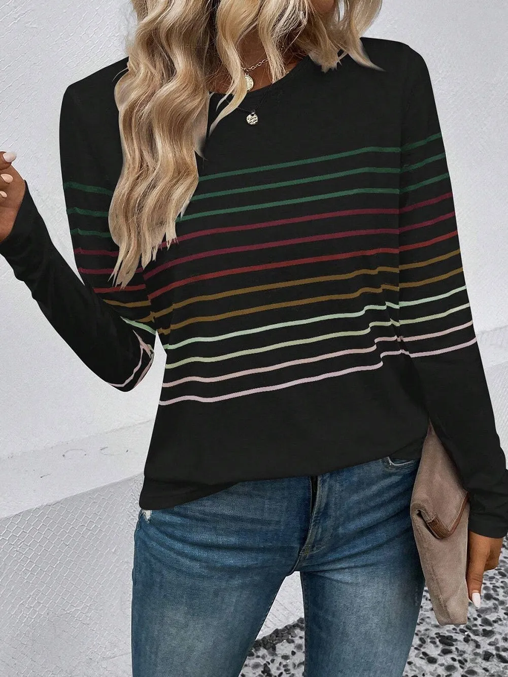 Black Colorful Striped Round Neck Long Sleeve Top