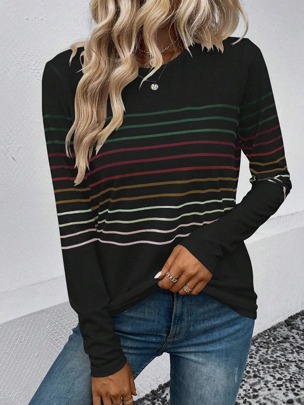 Black Colorful Striped Round Neck Long Sleeve Top
