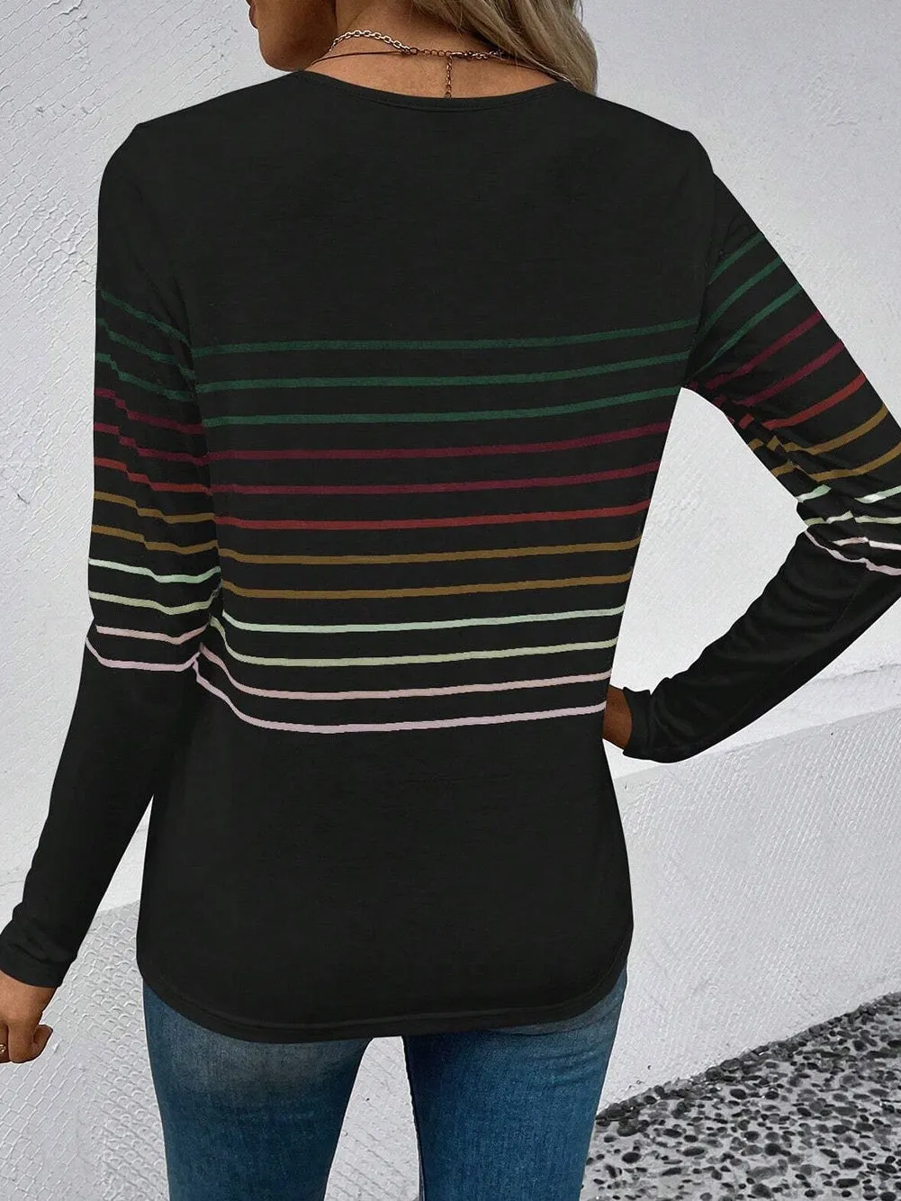 Black Colorful Striped Round Neck Long Sleeve Top