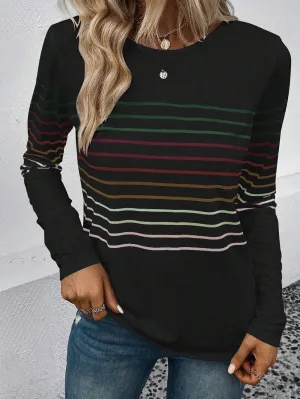 Black Colorful Striped Round Neck Long Sleeve Top