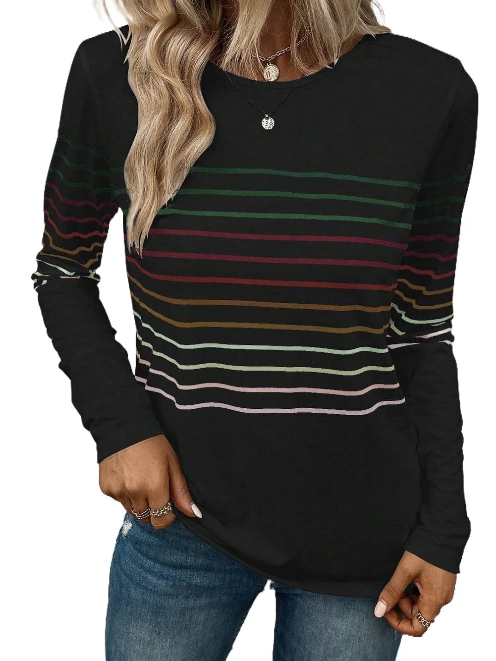 Black Colorful Striped Round Neck Long Sleeve Top