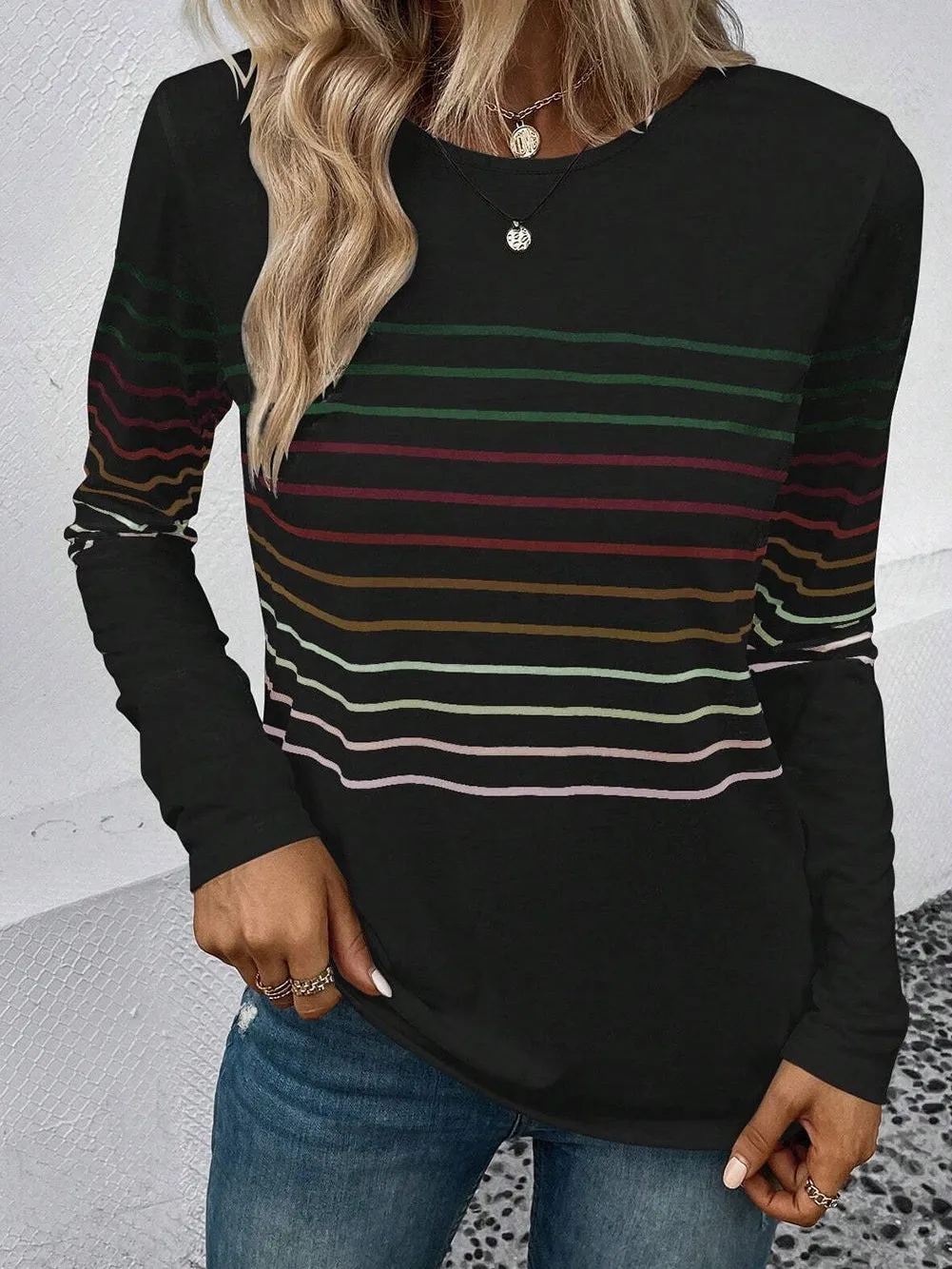 Black Colorful Striped Round Neck Long Sleeve Top