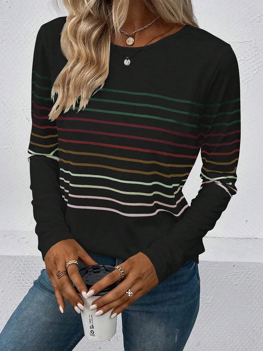 Black Colorful Striped Round Neck Long Sleeve Top