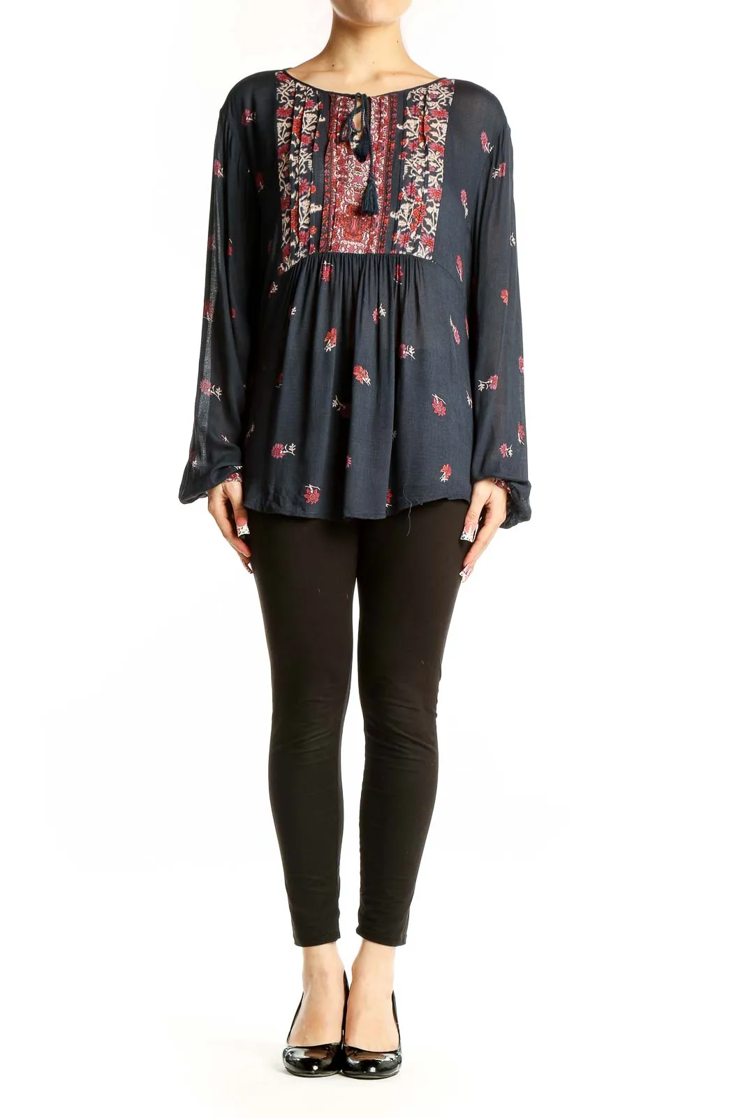 Black Floral Peasant Blouse