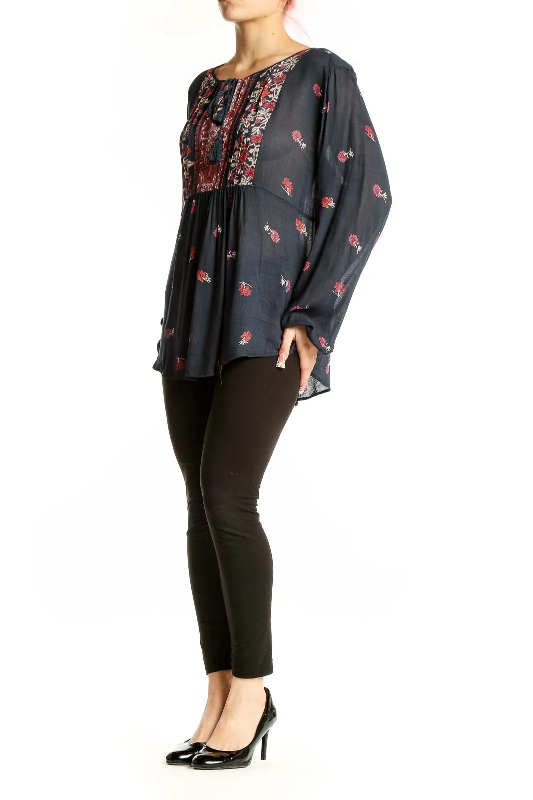 Black Floral Peasant Blouse