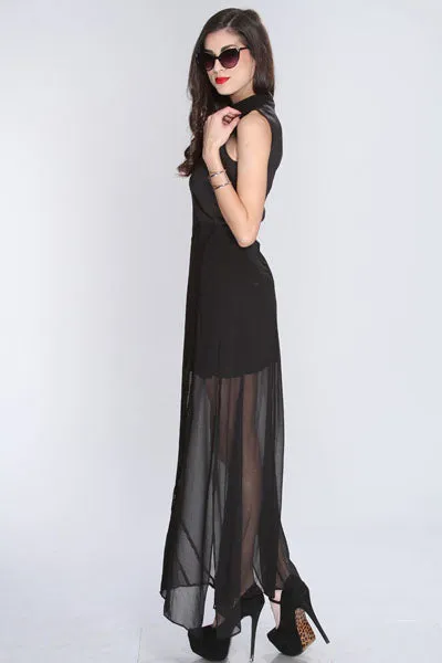 Black Netted Cut Out Mock Neck Sexy Maxi Dress