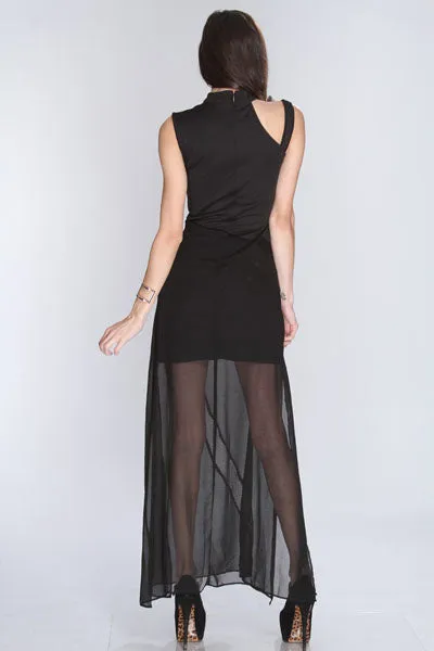 Black Netted Cut Out Mock Neck Sexy Maxi Dress