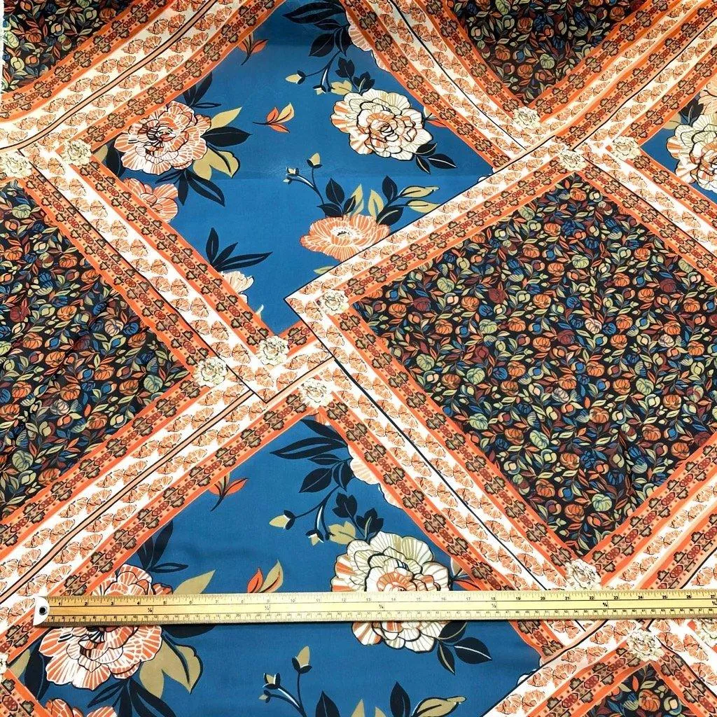 Blue and Orange Diamond Flower Chiffon Fabric
