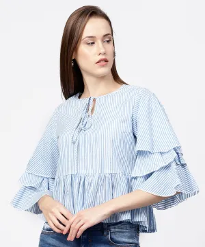 Blue Striped 3/4Th Umbrella Sleeves Cotton A-Line Tops