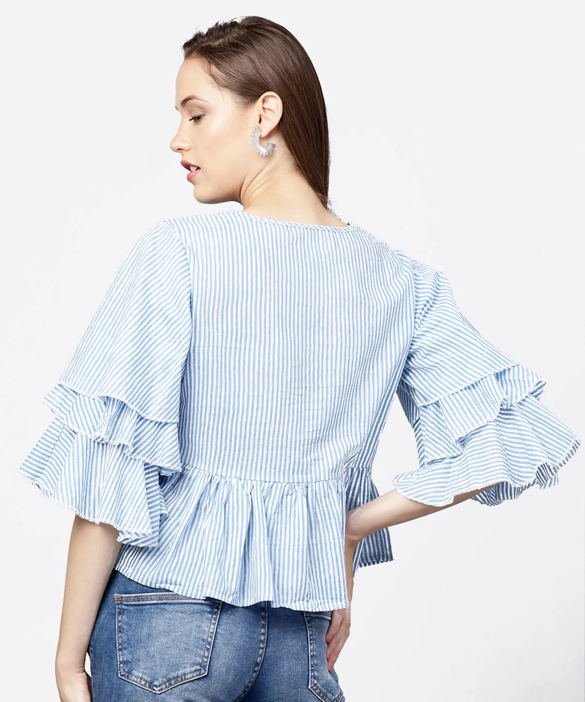 Blue Striped 3/4Th Umbrella Sleeves Cotton A-Line Tops
