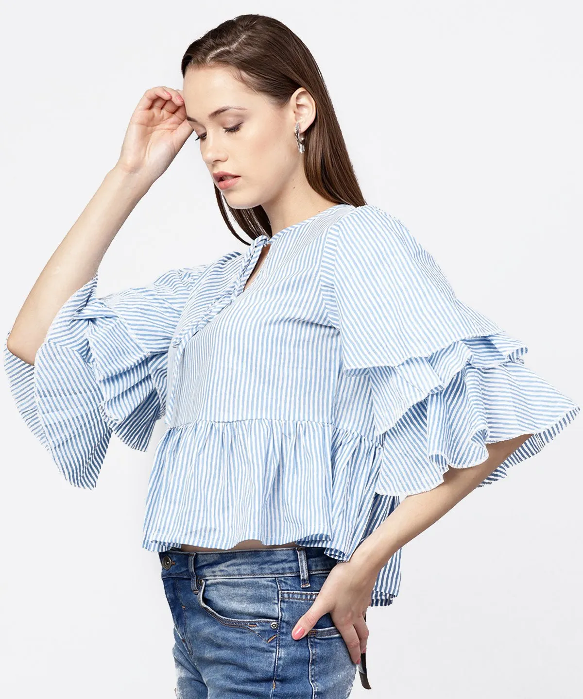 Blue Striped 3/4Th Umbrella Sleeves Cotton A-Line Tops