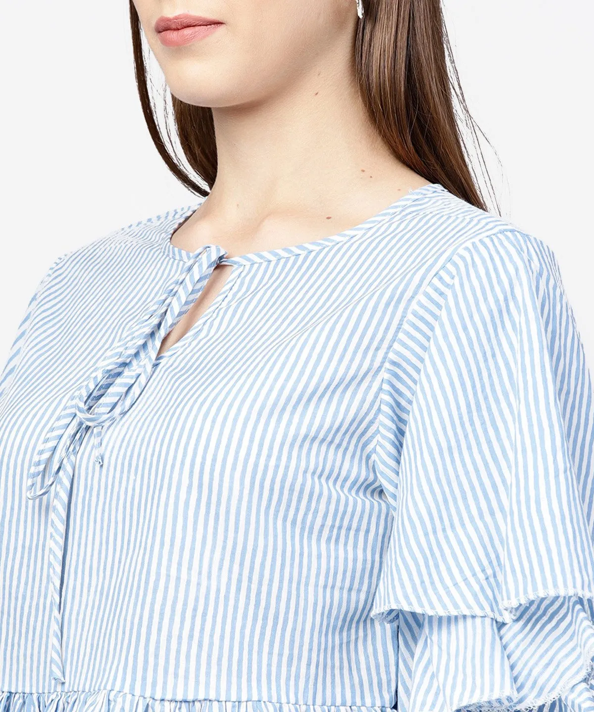 Blue Striped 3/4Th Umbrella Sleeves Cotton A-Line Tops