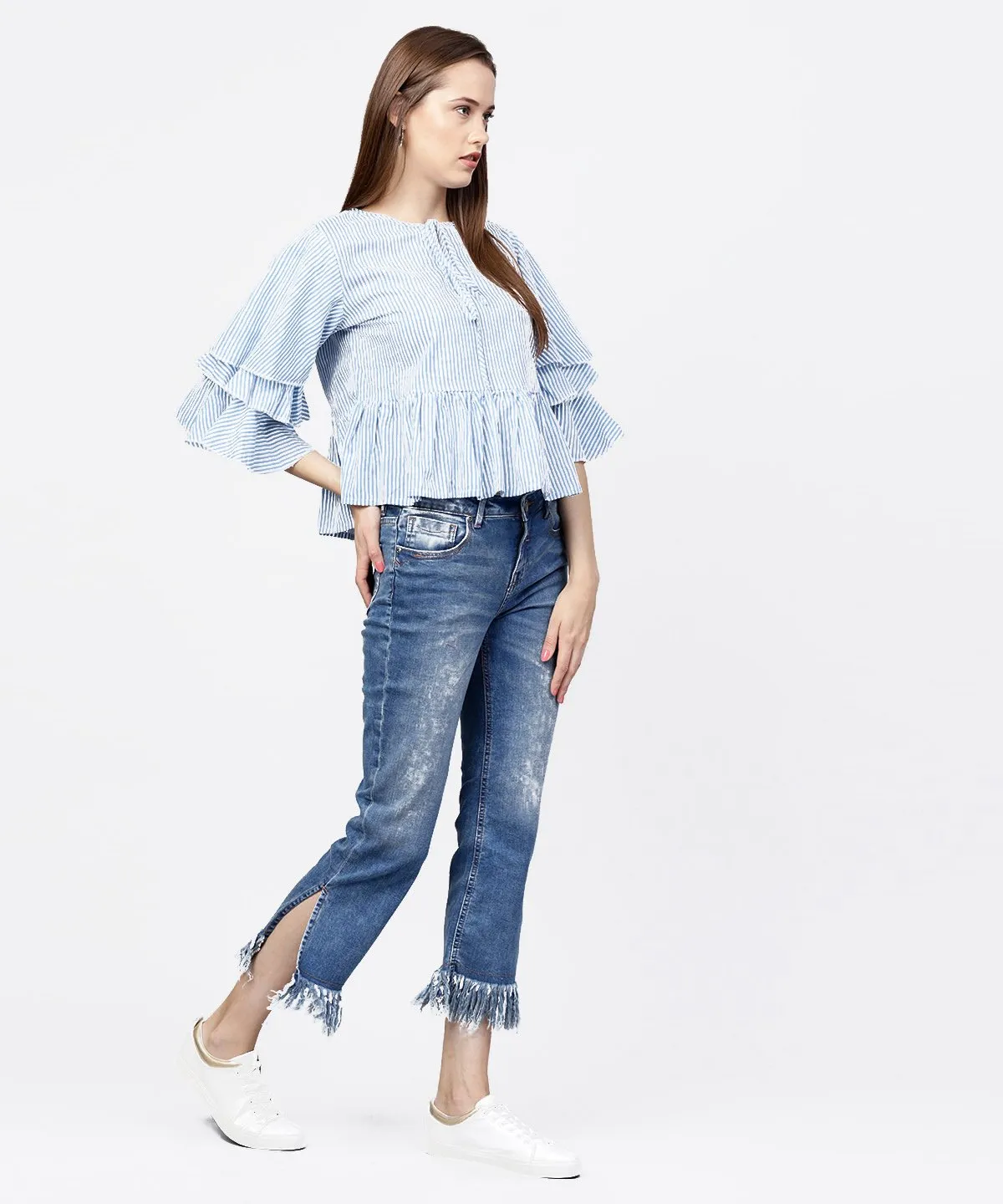 Blue Striped 3/4Th Umbrella Sleeves Cotton A-Line Tops