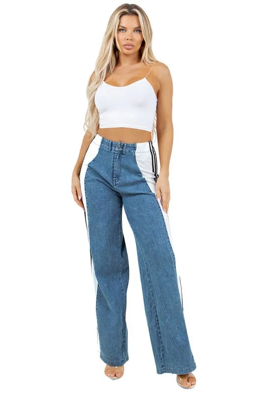 Blue Wide Leg Denim with Three Stripes
