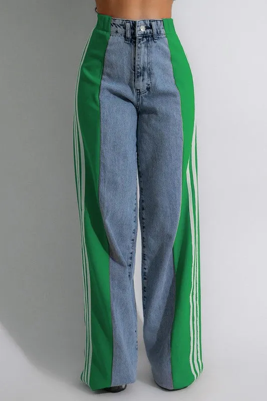 Blue Wide Leg Denim with Three Stripes