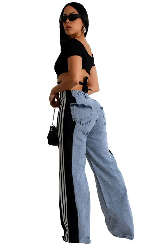 Blue Wide Leg Denim with Three Stripes