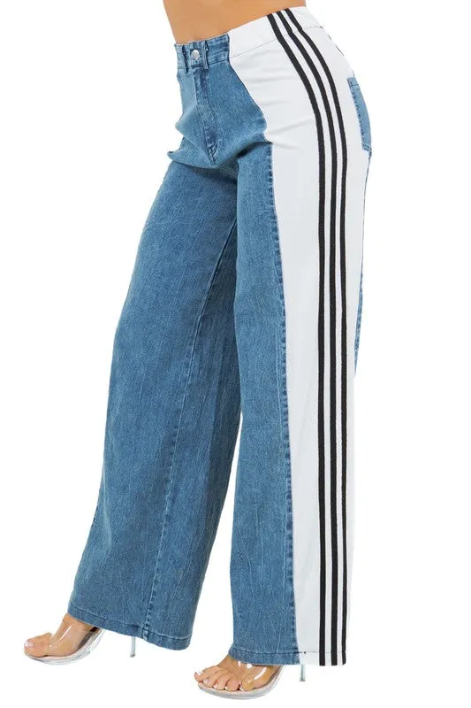 Blue Wide Leg Denim with Three Stripes